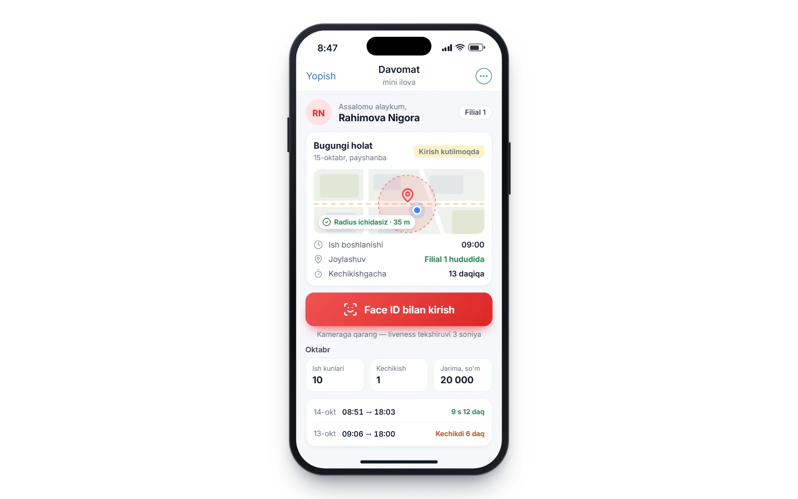 Mini App: вход по Face ID и статус на сегодня